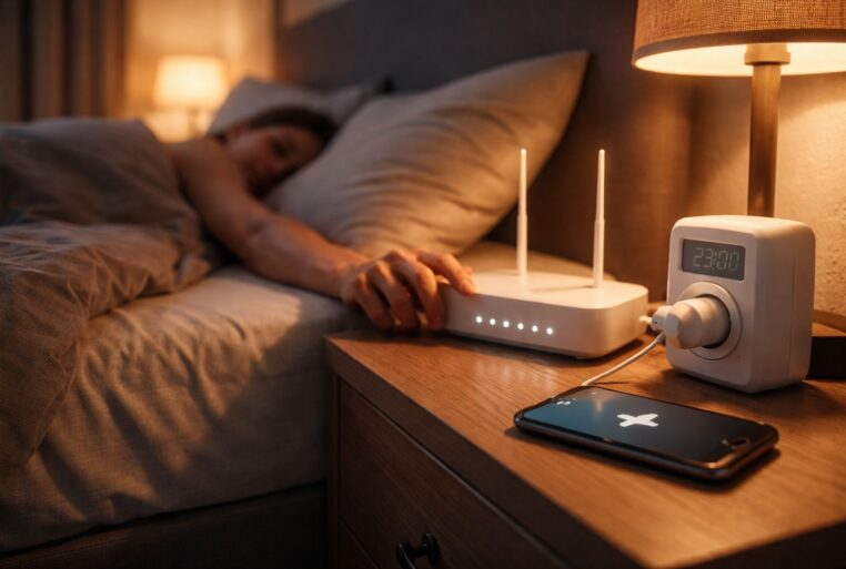 Main éteignant une box Wi-Fi posée sur une table de chevet, dans une chambre faiblement éclairée, avec un smartphone en mode avion.