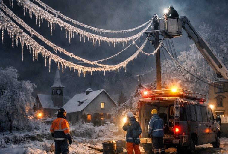 Électriciens intervenant de nuit dans un village normand, sous des câbles chargés de glace et des gyrophares.