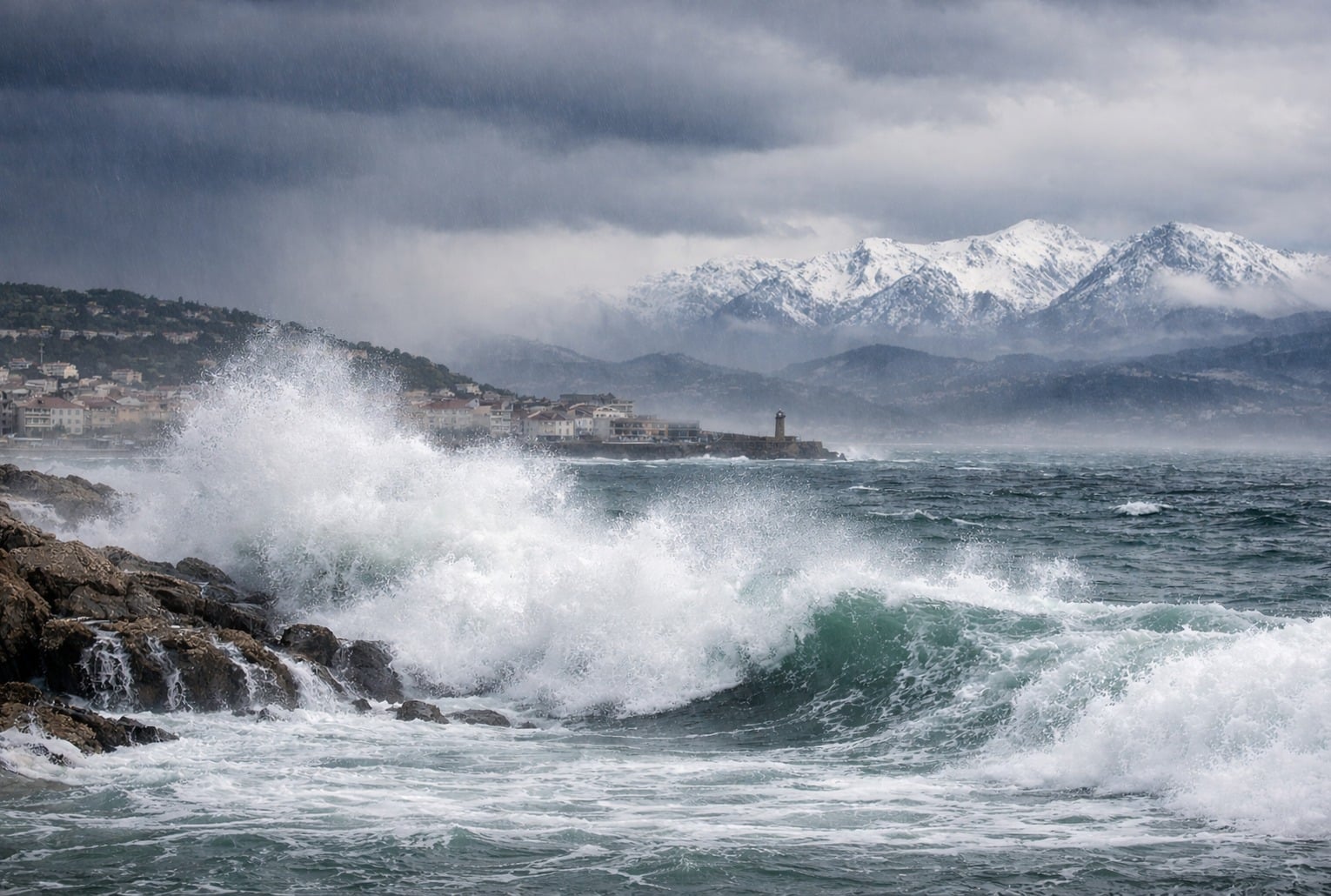 Vagues puissantes sur la côte de Sète sous un ciel d’orage, avec les reliefs enneigés en arrière-plan.