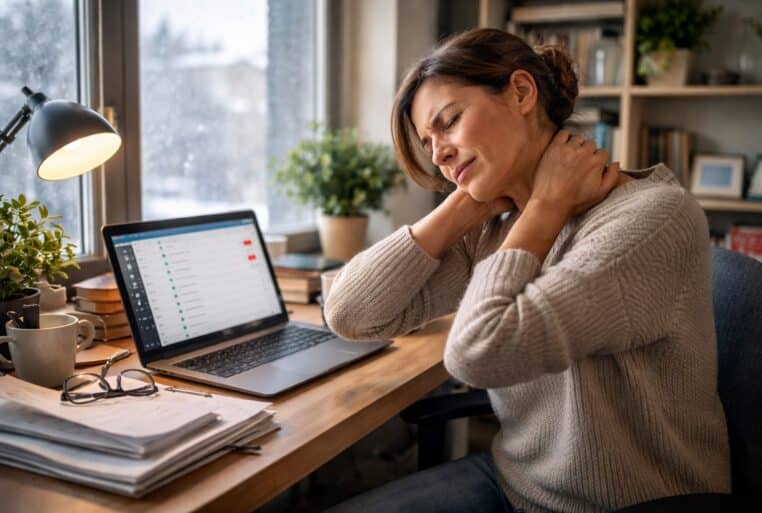 Femme au bureau avec tensions cervicales, stress visible sur l’écran