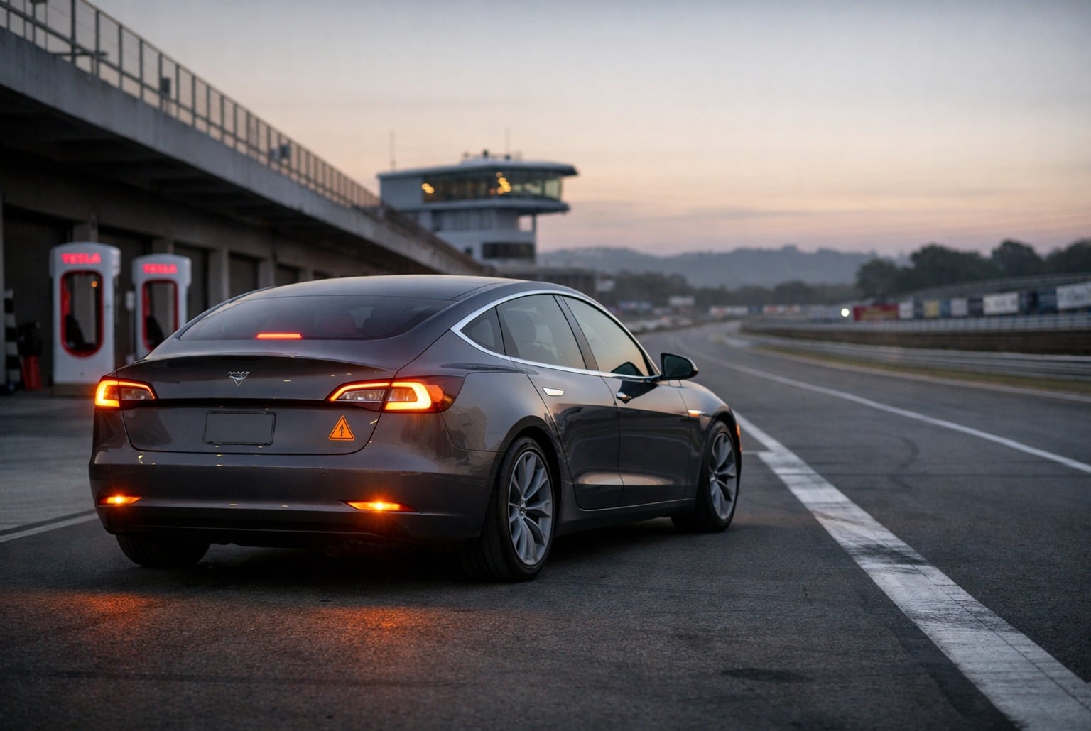 Tesla Model 3 2026 grise sur circuit fermé au crépuscule, près des stands, bornes de recharge au fond.