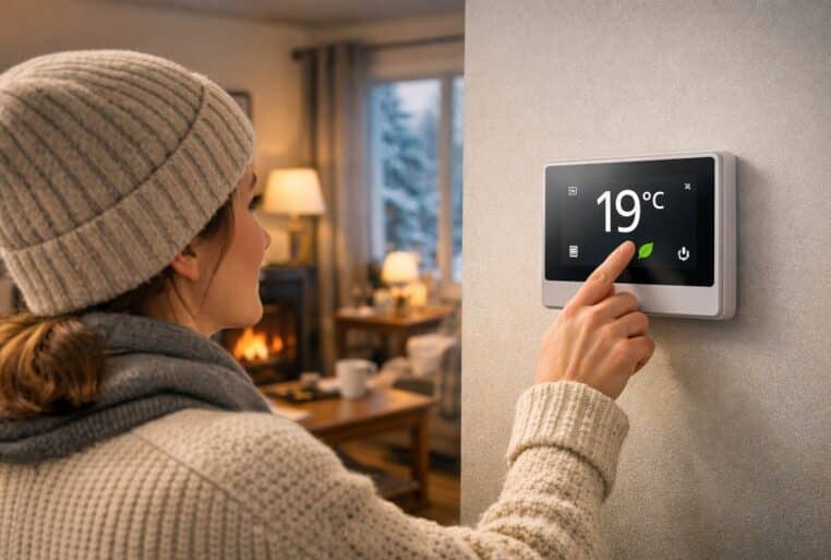 Thermostat ADEME réglé à 19°C dans un salon en hiver, pour réduire la consommation de chauffage.