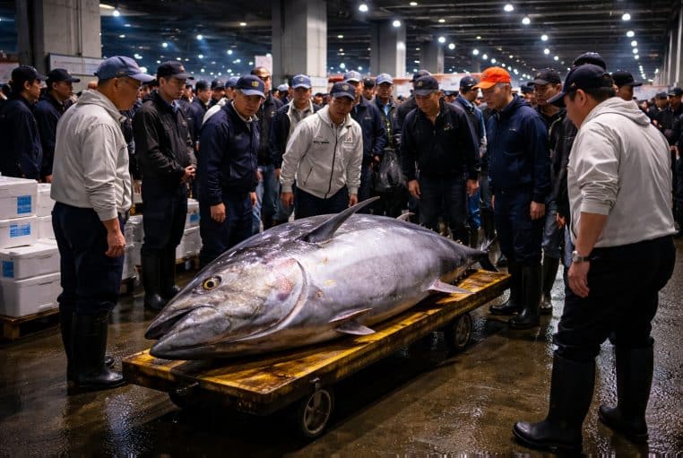 Enchère à l’aube au marché de Toyosu à Tokyo, acheteurs autour d’un thon rouge géant sur un chariot