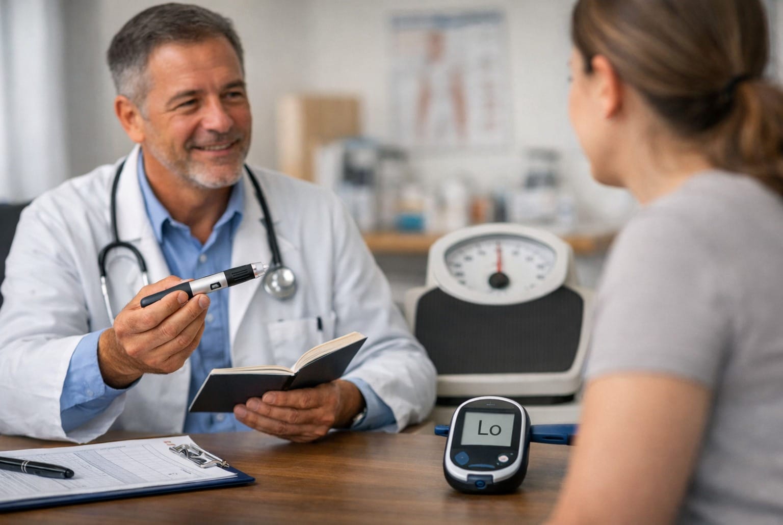 Médecin en consultation tenant un stylo injectable, balance et lecteur de glycémie visibles, suivi métabolique.