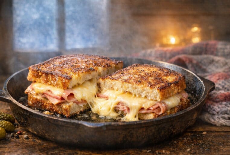 Toastie raclette à la poêle : croûte dorée au beurre, jambon fondant, fromage qui coule… le remède express contre le froid.