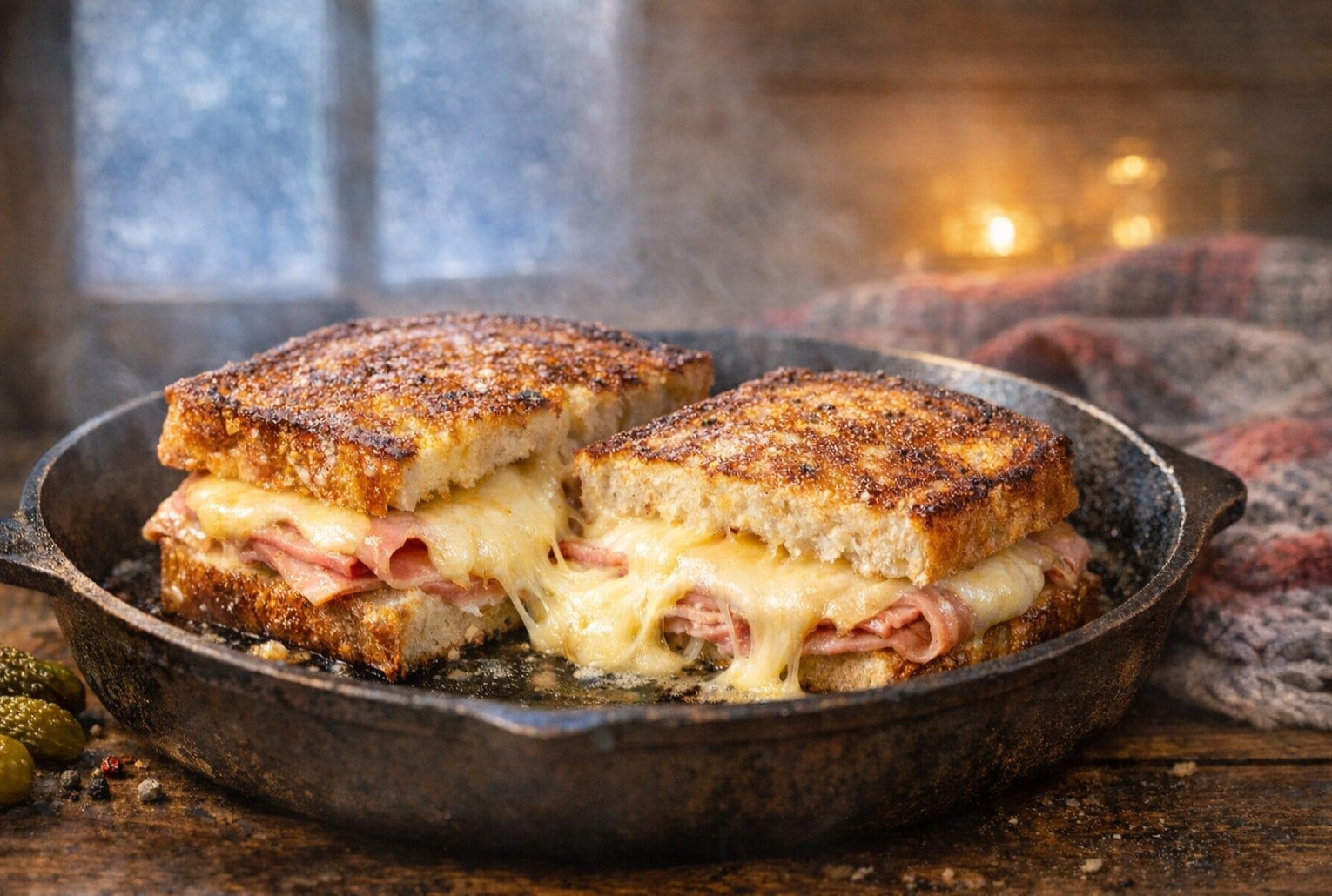 Toastie raclette à la poêle : croûte dorée au beurre, jambon fondant, fromage qui coule… le remède express contre le froid.