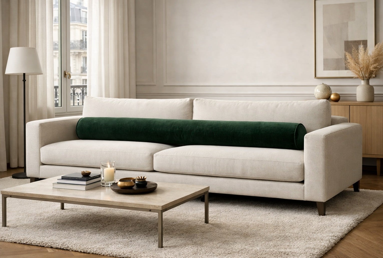 Salon lumineux et épuré avec un canapé beige habillé d’un long traversin cylindrique en velours vert, style palace.