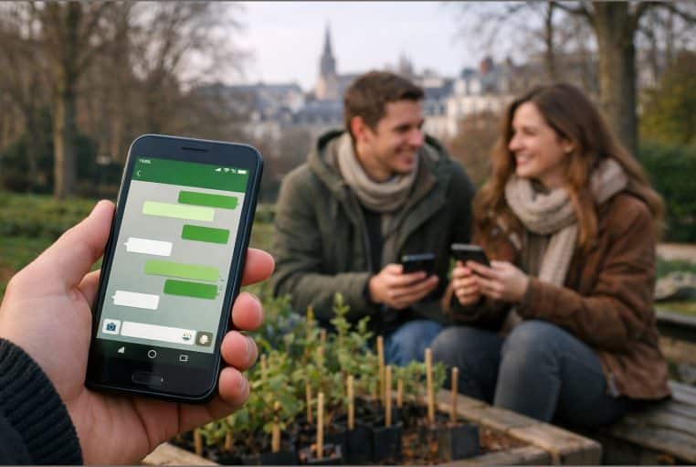 Main tenant un smartphone affichant une messagerie sécurisée, dans un parc de Rennes aux arbres d’hiver.