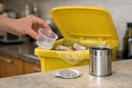 Main jetant un pot de yaourt dans la poubelle jaune, avec opercule séparé et boîte de conserve