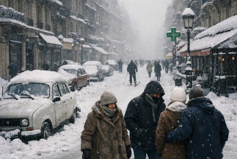Boulevard Saint-Germain à Paris sous une forte neige, voitures immobilisées et passants emmitouflés, 1985.