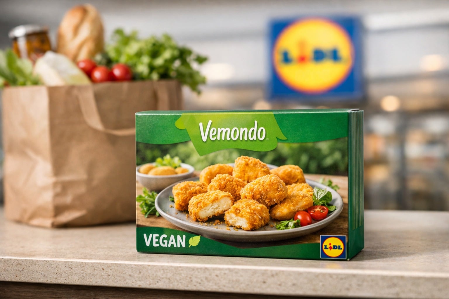 Boîte de nuggets vegan Vemondo sur un plan de travail, avec logo Lidl discret et sac de courses flouté.