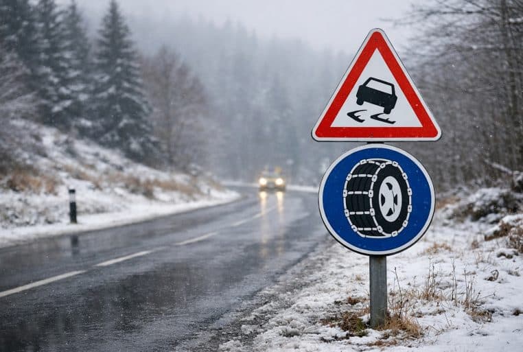 Route de montagne hivernale avec panneau « chaussée glissante » et obligation d’équipements neige, sous brouillard et flocons.