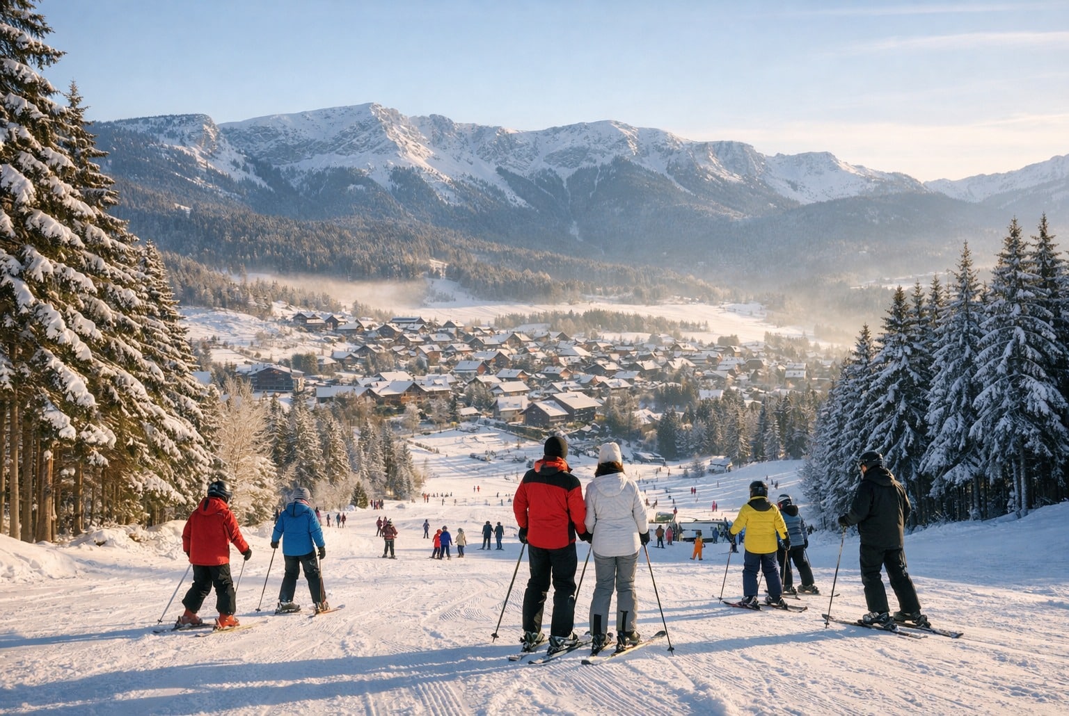 Skieurs au-dessus de Villard-de-Lans dans le Vercors, piste enneigée, sapins chargés de neige, matin clair.