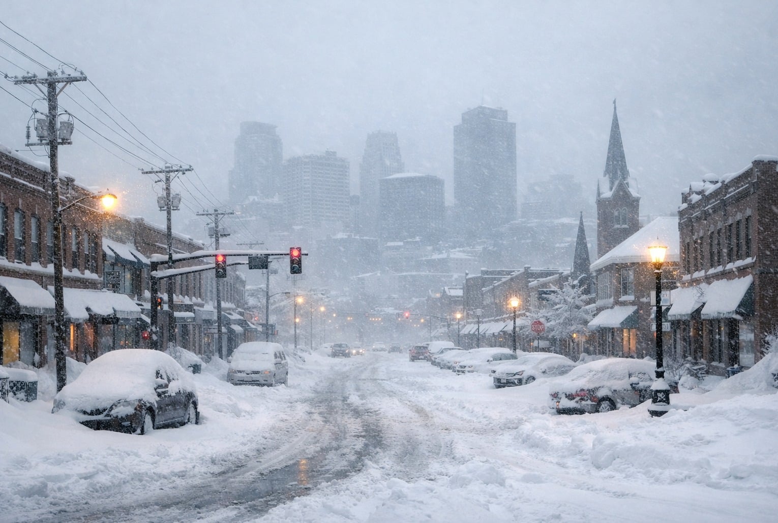 Ville du Midwest recouverte de neige après une tempête hivernale, rue principale enneigée et visibilité réduite.