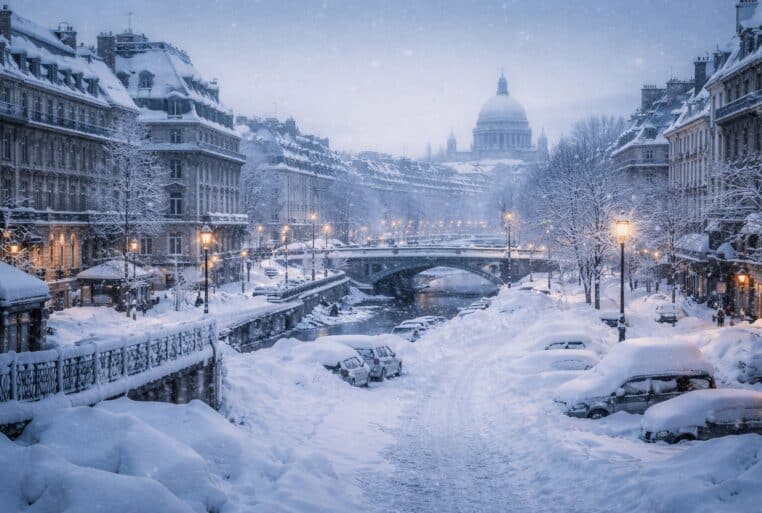 Une ville européenne paralysée sous une épaisse couche de neige, entre rues ensevelies et lumières d’hiver.