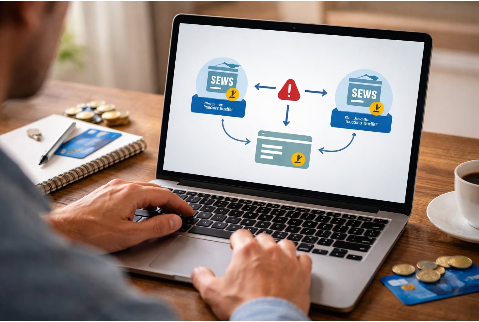 Personne effectuant un virement sur une appli bancaire, avec un blocage entre deux livrets et un passage obligé par le compte courant.