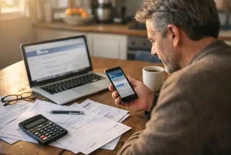 Un contribuable consulte son appli bancaire sur smartphone, avec papiers fiscaux et calculatrice sur la table.