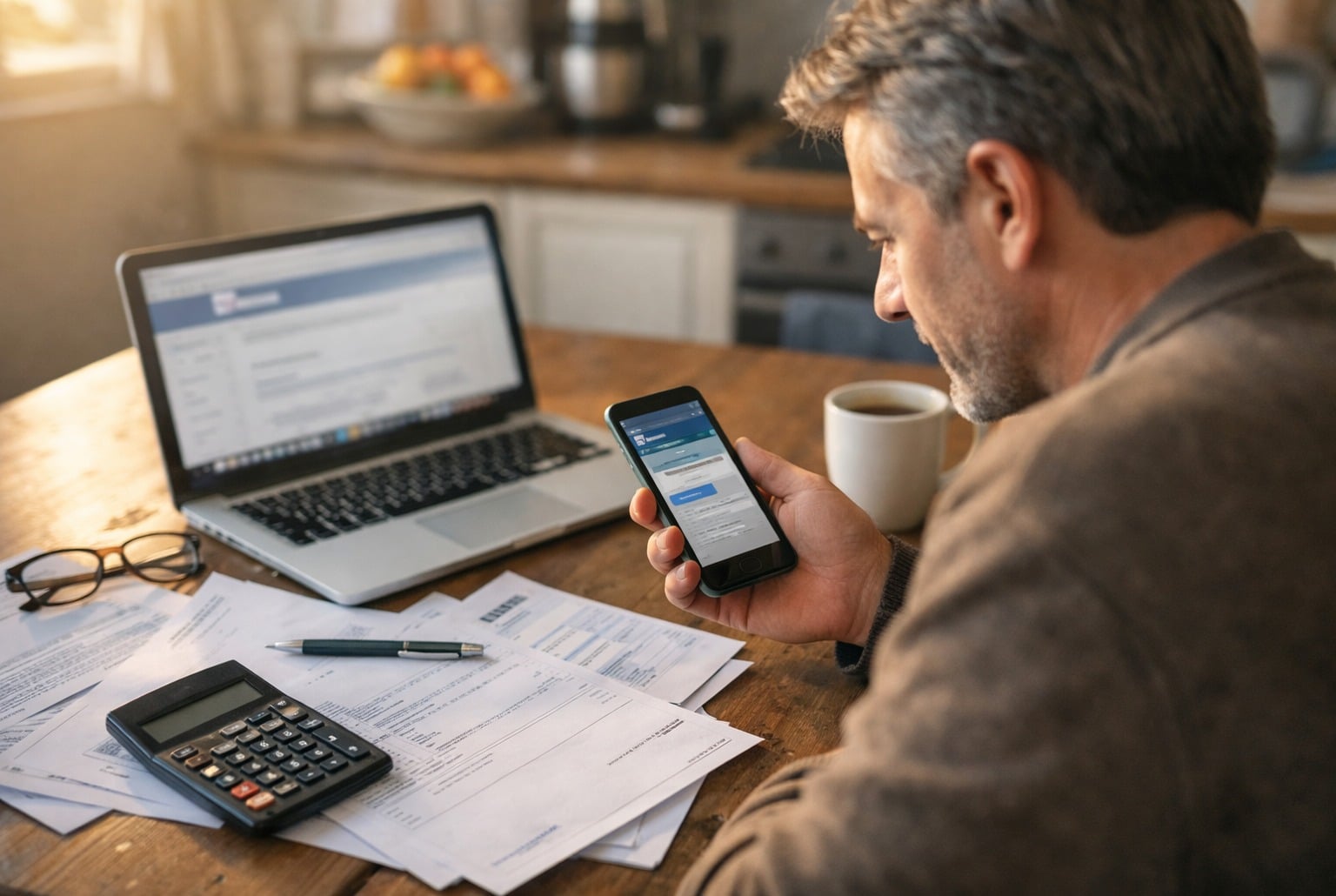 Un contribuable consulte son appli bancaire sur smartphone, avec papiers fiscaux et calculatrice sur la table.