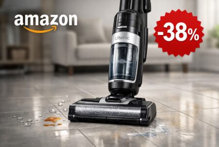 Aspirateur laveur 3-en-1 Ultenic mis en avant avec logo Amazon et badge -38% sur sol carrelé.