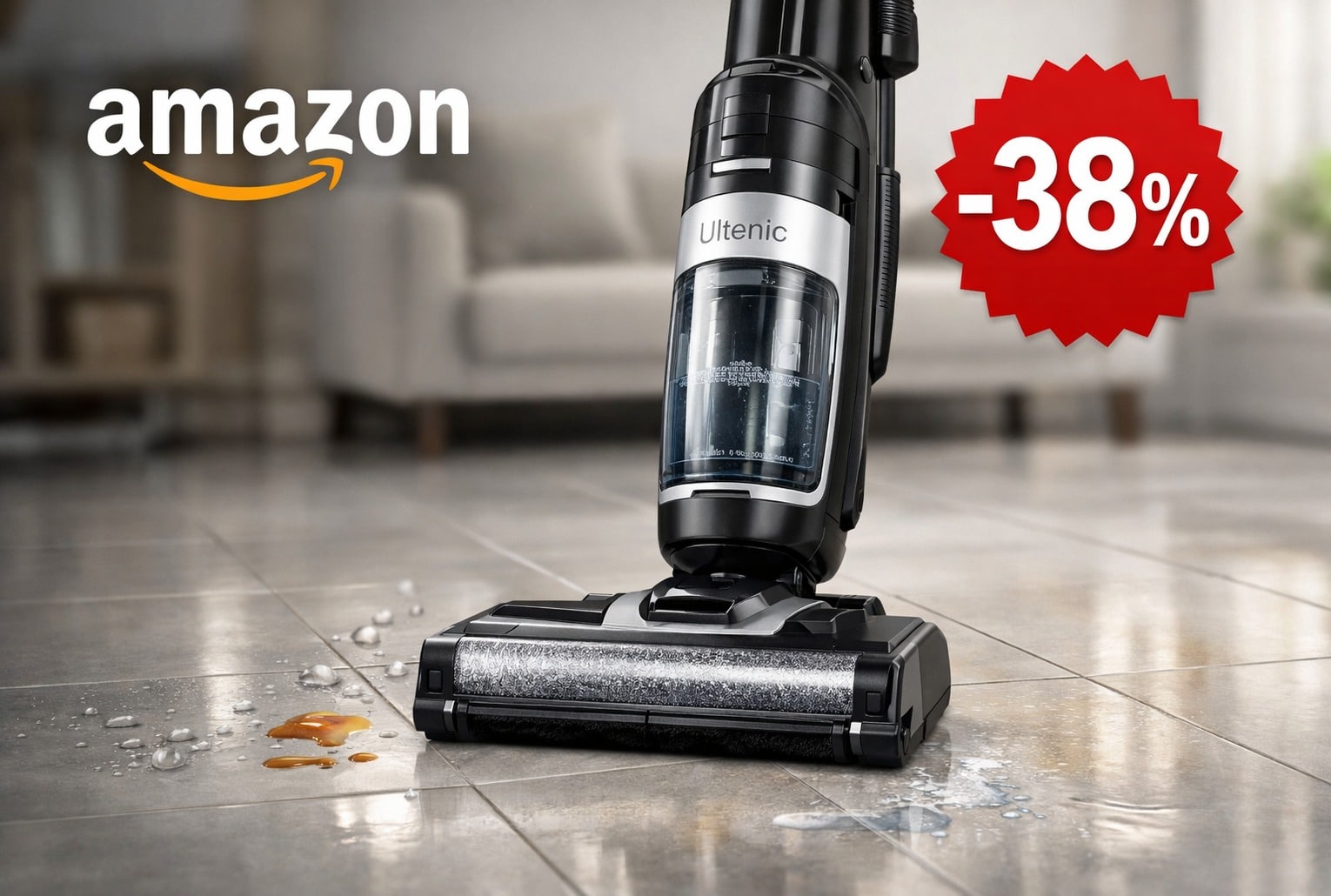 Aspirateur laveur 3-en-1 Ultenic mis en avant avec logo Amazon et badge -38% sur sol carrelé.