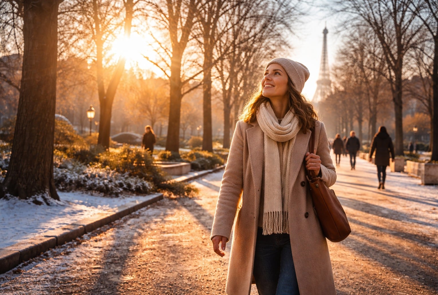 Femme marchant dans un parc parisien en hiver, sous un soleil bas, avec la tour Eiffel en arrière-plan.