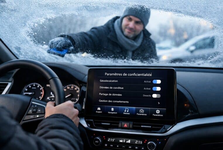 Conducteur dans une voiture moderne un matin d’hiver, avec l’écran central affichant des paramètres de confidentialité et un pare-brise givré en cours de dégivrage.