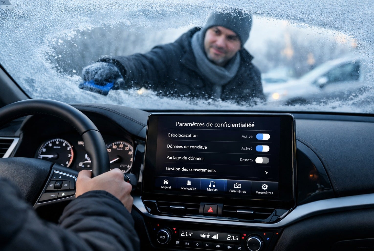 Conducteur dans une voiture moderne un matin d’hiver, avec l’écran central affichant des paramètres de confidentialité et un pare-brise givré en cours de dégivrage.