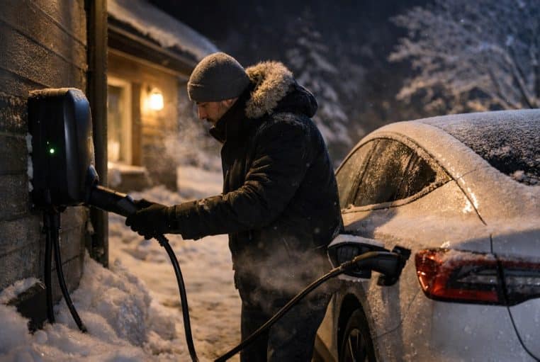 Conducteur branchant sa voiture électrique à une borne à domicile, nuit d’hiver glaciale avec givre et neige.