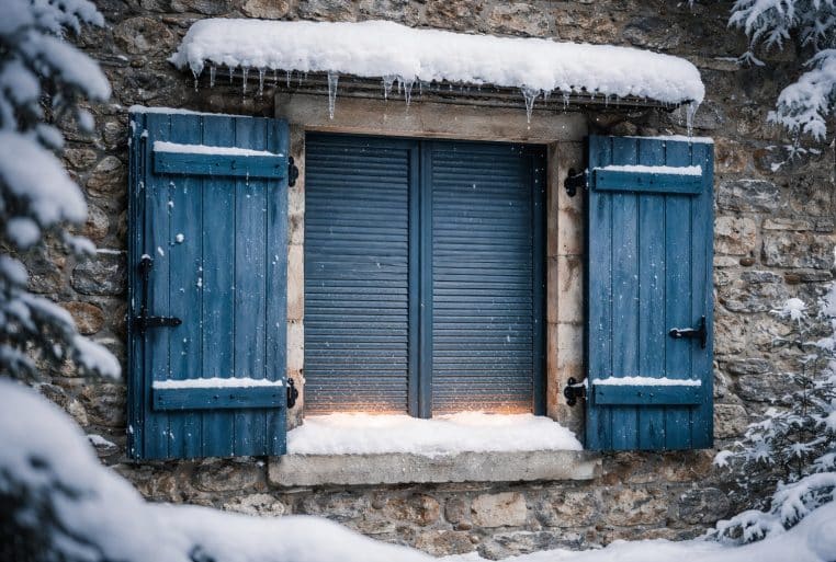 Fenêtre en pierre avec volets bleus et neige, lumière chaude filtrant derrière des fermetures en hiver.
