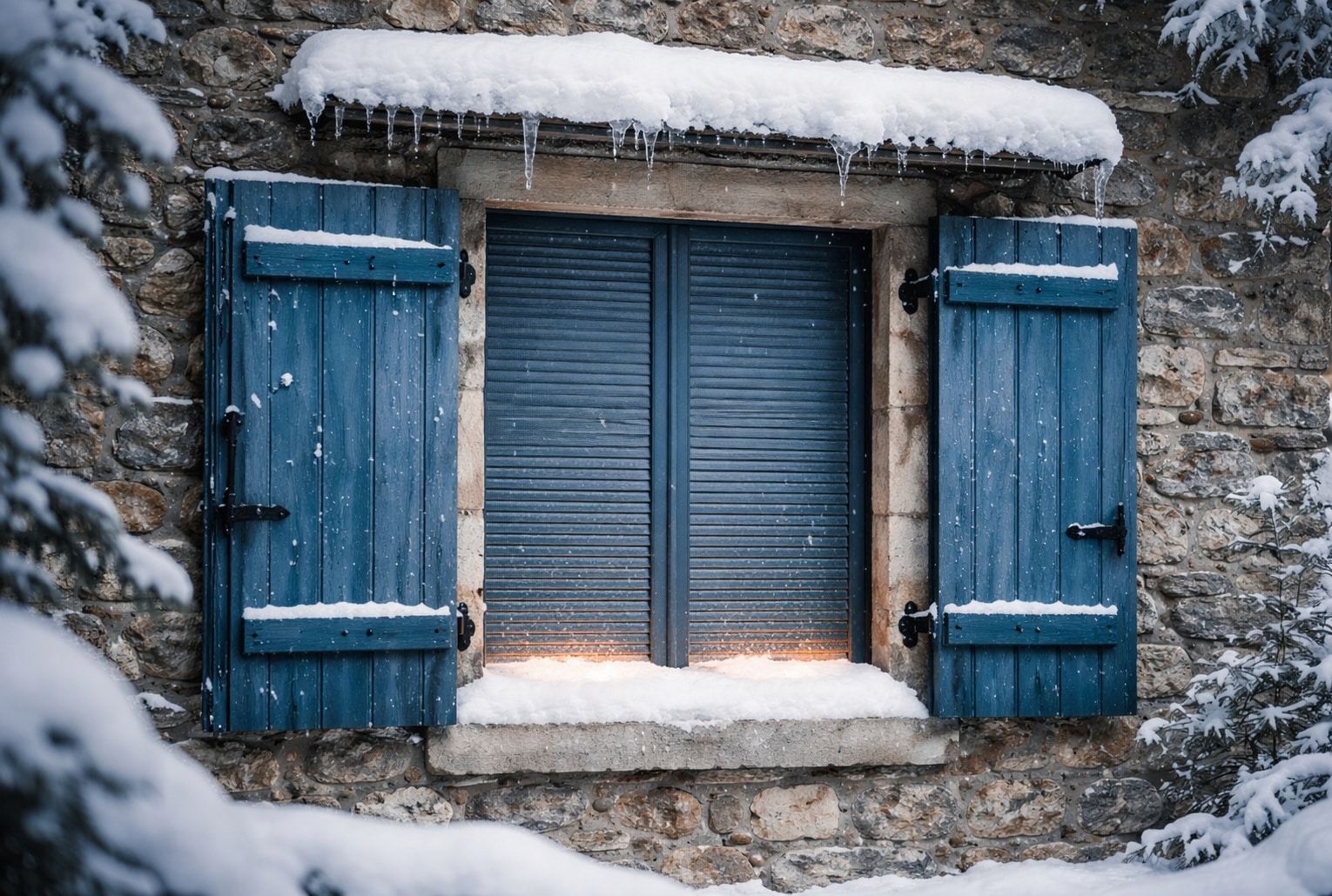 Fenêtre en pierre avec volets bleus et neige, lumière chaude filtrant derrière des fermetures en hiver.
