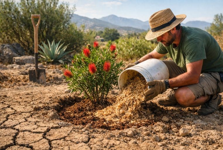 Un paysagiste verse un broyat fibreux de yucca au pied d’un jeune callistémon, sur un sol craquelé, dans un jardin méditerranéen.
