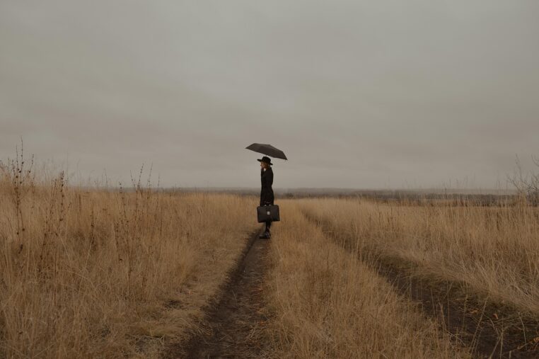 woman, mysterious, field, road, meadow, traveler, umbrella, girl, journey, lonely, sad, melancholy, sadness, depression, sad girl, despair, to drag, frowning, countryside, outdoors, autumn, partly cloudy, gloomily