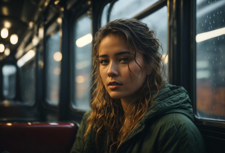 ai generated, woman, train, rain, disappointment, upset, emotion, face, female, rainy day, raindrops, rainy