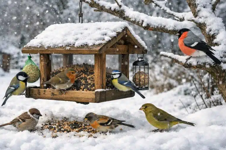 Sous la neige, une mangeoire bien placée attire mésanges, rouge-gorge et pinson, au cœur de l’hiver.