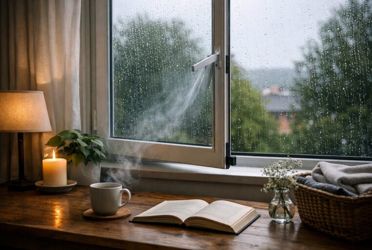 Fenêtre entrouverte par temps de pluie, air frais qui entre dans un intérieur chaleureux
