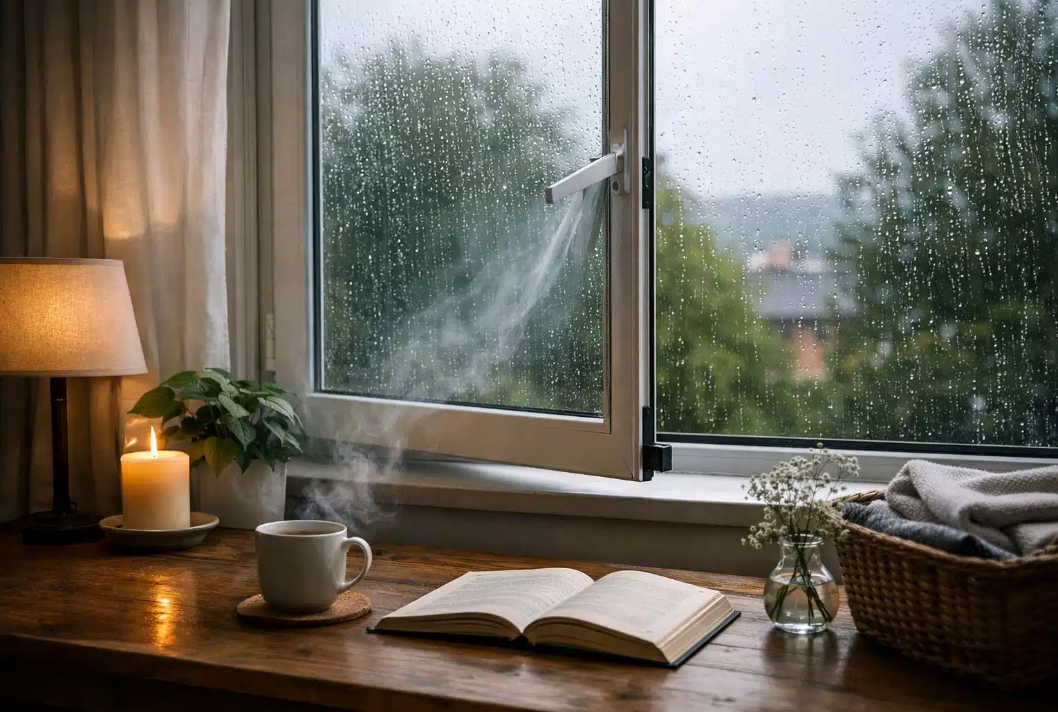 Fenêtre entrouverte par temps de pluie, air frais qui entre dans un intérieur chaleureux