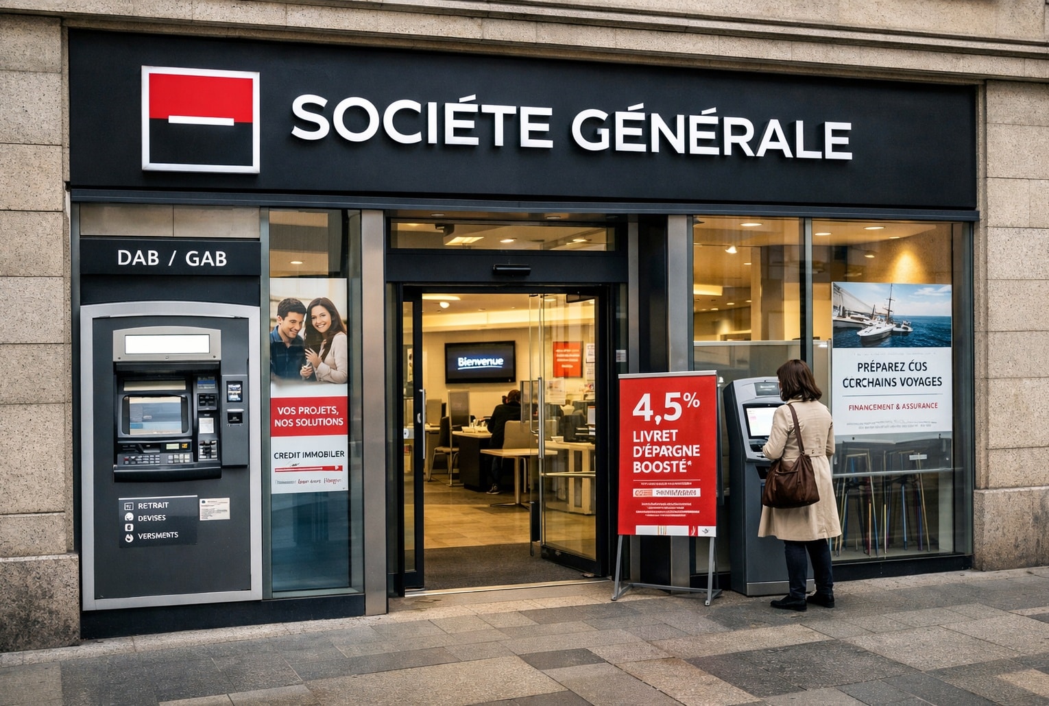 Façade d’une agence Société Générale en centre-ville, avec le logo rouge et noir au-dessus de l’entrée.