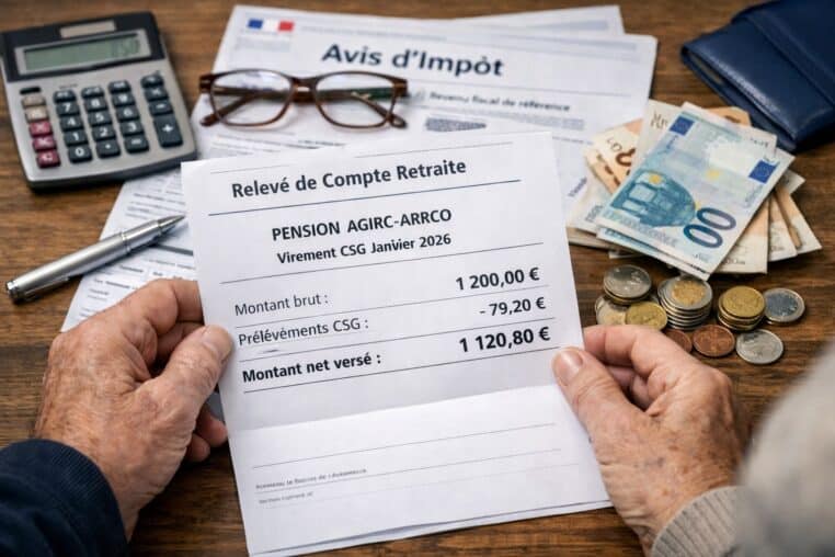 Pension Agirc-Arrco : un retraité tient un relevé montrant le montant brut, les prélèvements de CSG et le montant net versé, sur une table avec calculatrice et euros.