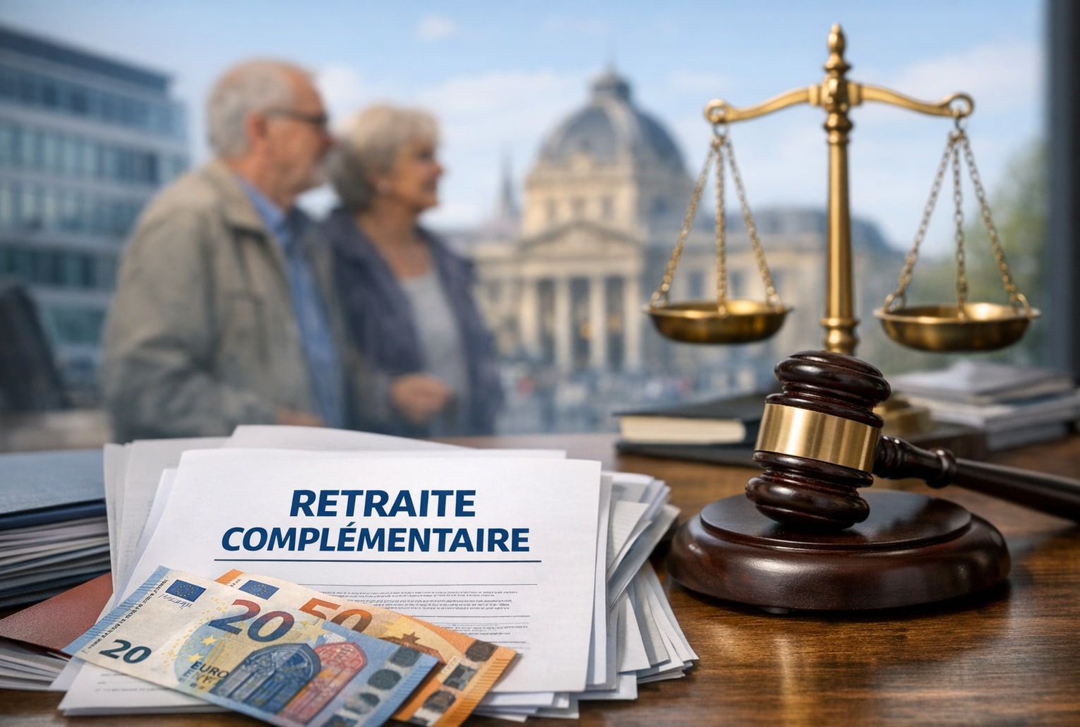 Illustration photoréaliste sur la retraite agirc arrco : dossier “retraite complémentaire”, maillet de justice, balance et billets en euros.