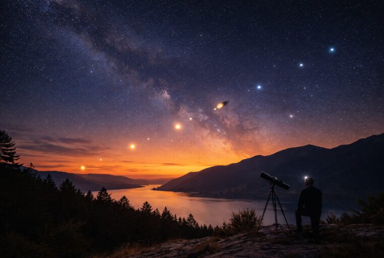 Alignement de planètes au crépuscule au-dessus d’un lac et de montagnes, avec un observateur et un télescope sous la Voie lactée.