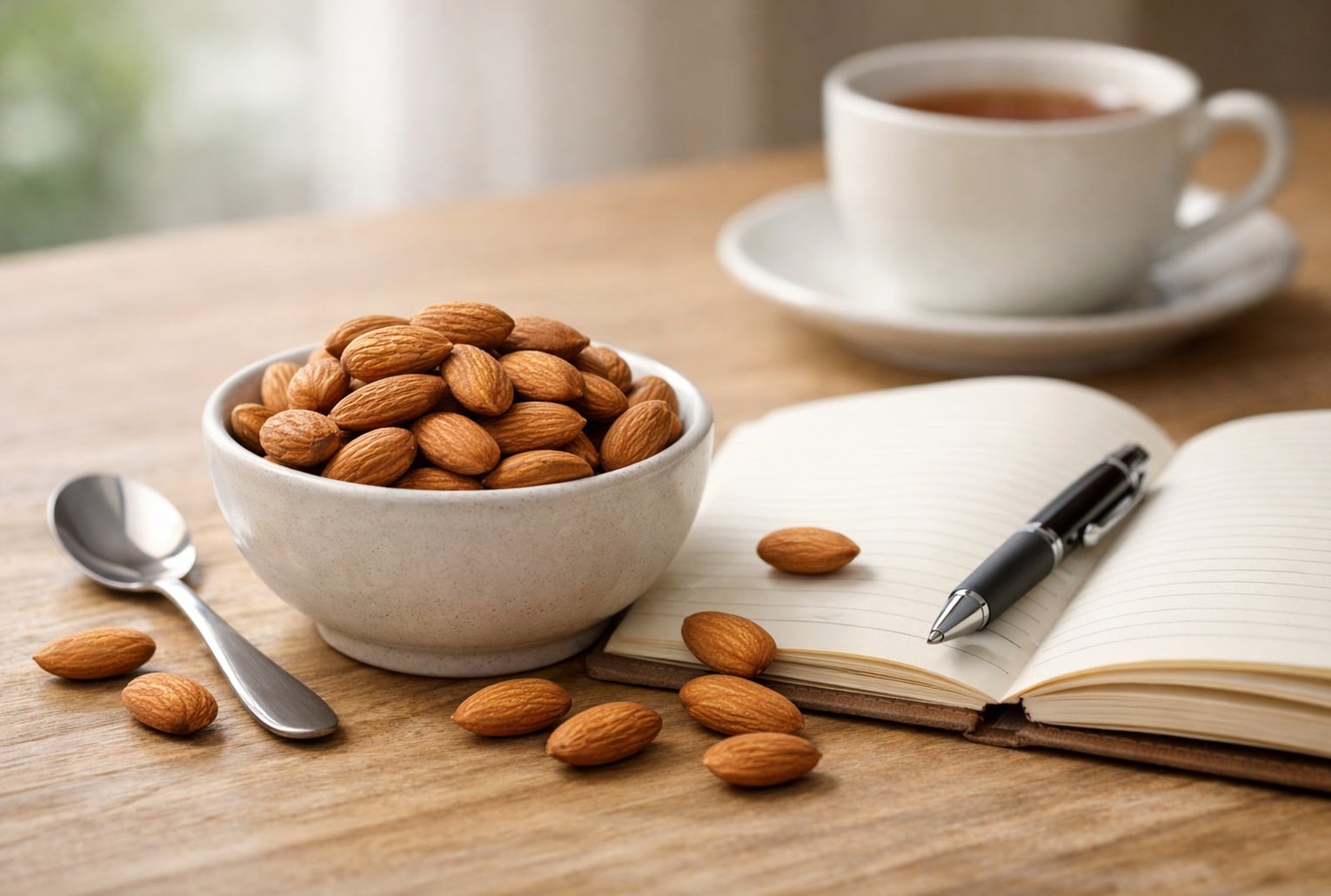 Poignée d’amandes chaque jour dans un bol, en collation, pour illustrer le lien entre microbiote intestinal et santé du cœur.