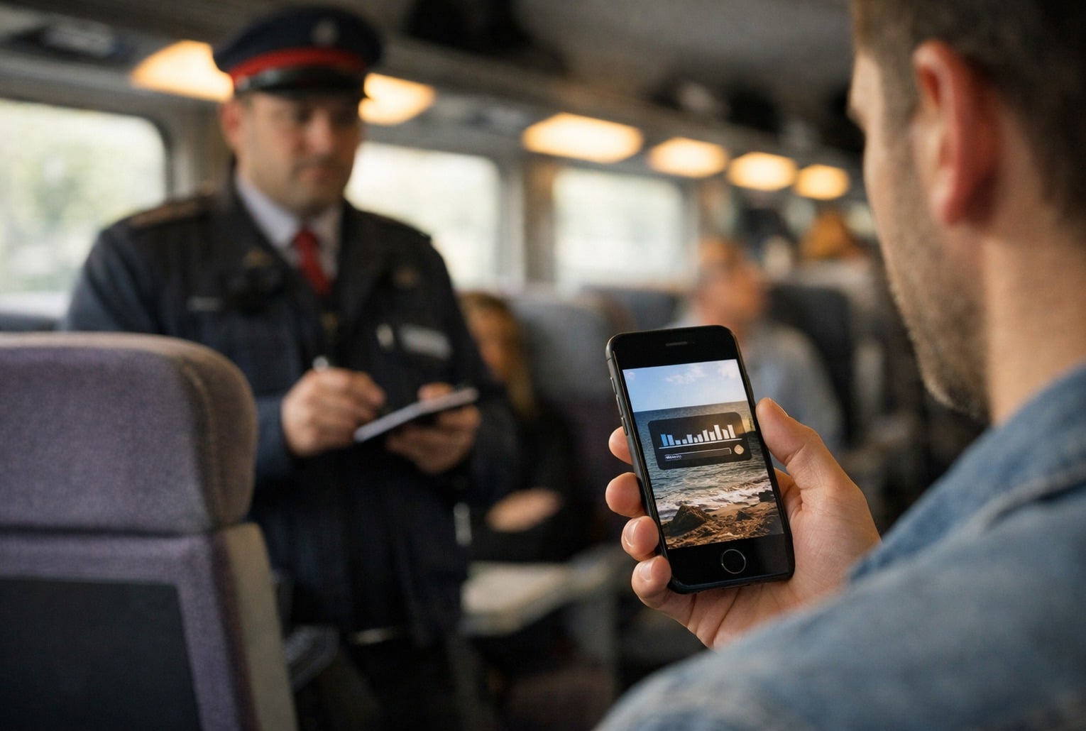 Amende SNCF bruit : un passager regarde une vidéo sur son téléphone dans un train, sous le regard d’un contrôleur.