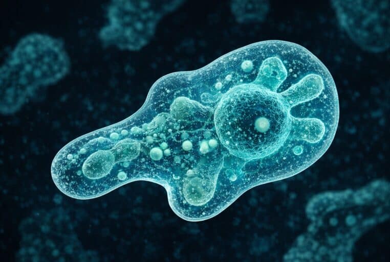 Amibe tueuse (Naegleria fowleri) observée au microscope, mise en évidence par une coloration bleutée.