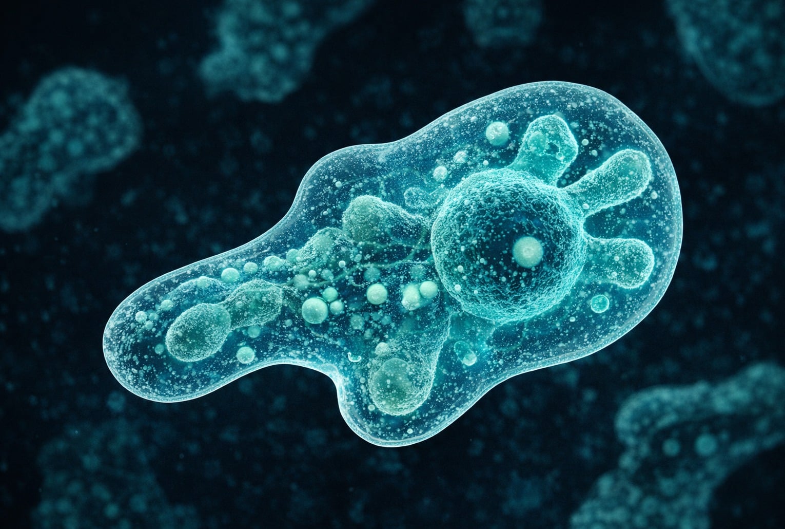 Amibe tueuse (Naegleria fowleri) observée au microscope, mise en évidence par une coloration bleutée.