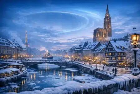 Hiver extrême en Europe : une ville enneigée au crépuscule, symbole des scénarios de froid brutal liés à un affaiblissement de l’AMOC d’ici 2100.