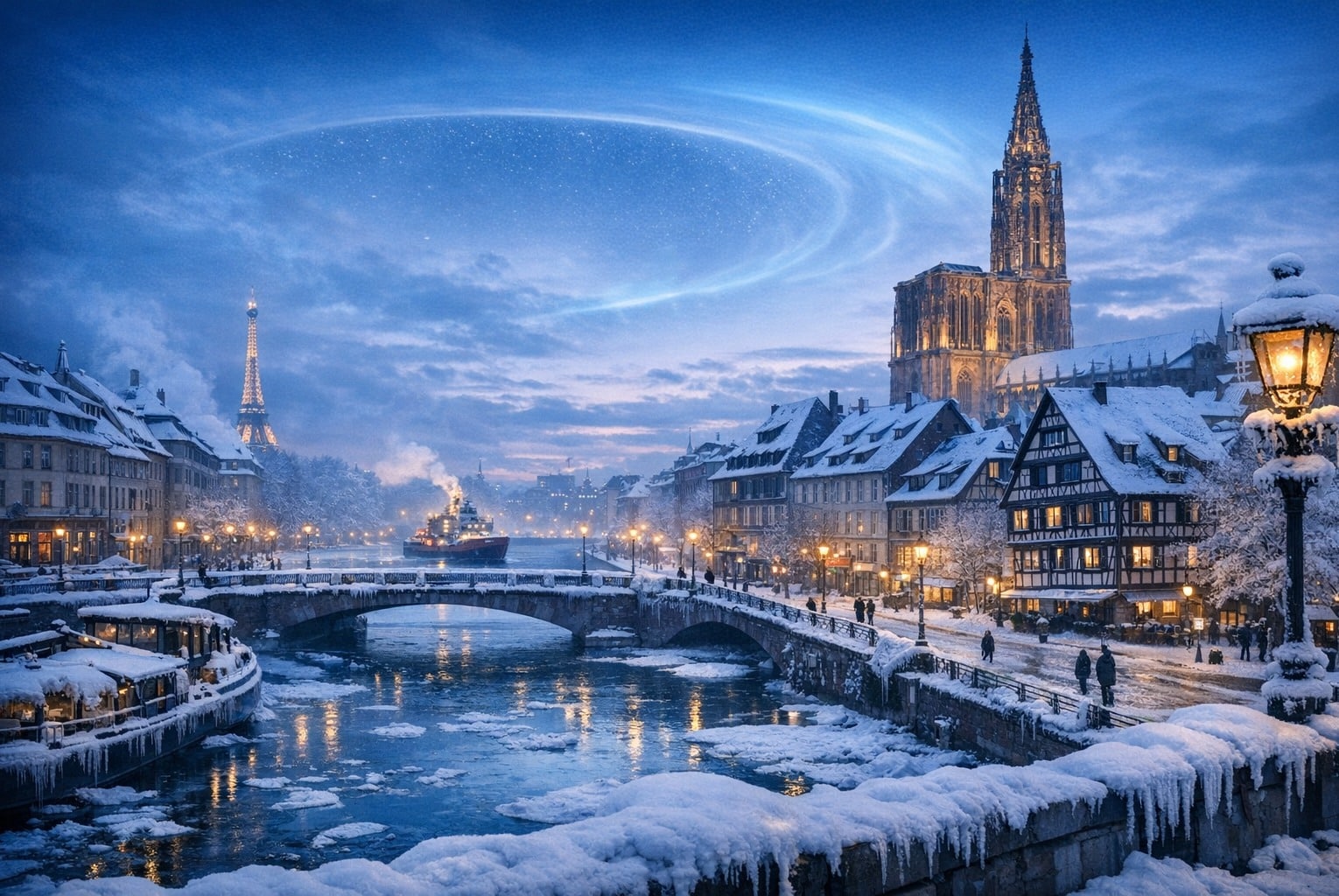 Hiver extrême en Europe : une ville enneigée au crépuscule, symbole des scénarios de froid brutal liés à un affaiblissement de l’AMOC d’ici 2100.