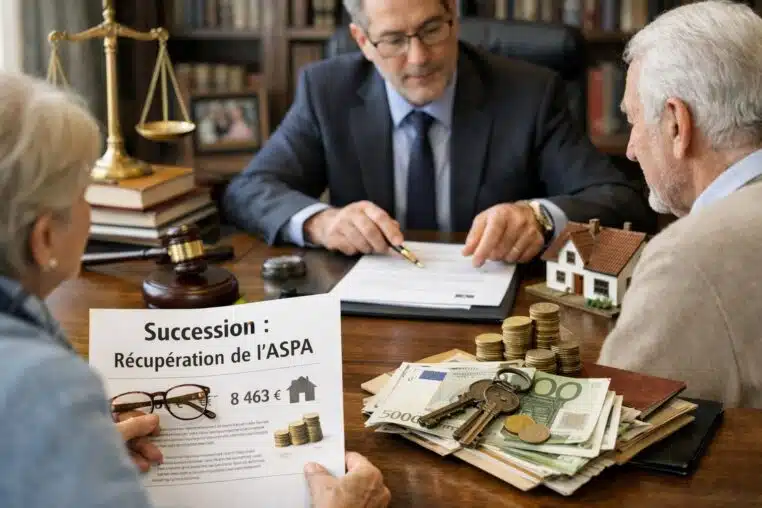 ASPA : un notaire explique à un couple de retraités la récupération de l’aide sur la succession, avec documents, pièces et billets en euros sur la table.
