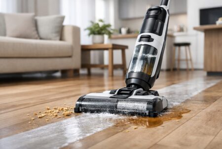 Aspirateur balai-laveur en action sur parquet, aspirant des miettes et lavant une flaque d’eau.