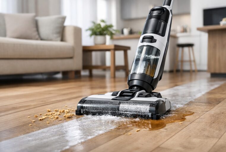 Aspirateur balai-laveur en action sur parquet, aspirant des miettes et lavant une flaque d’eau.