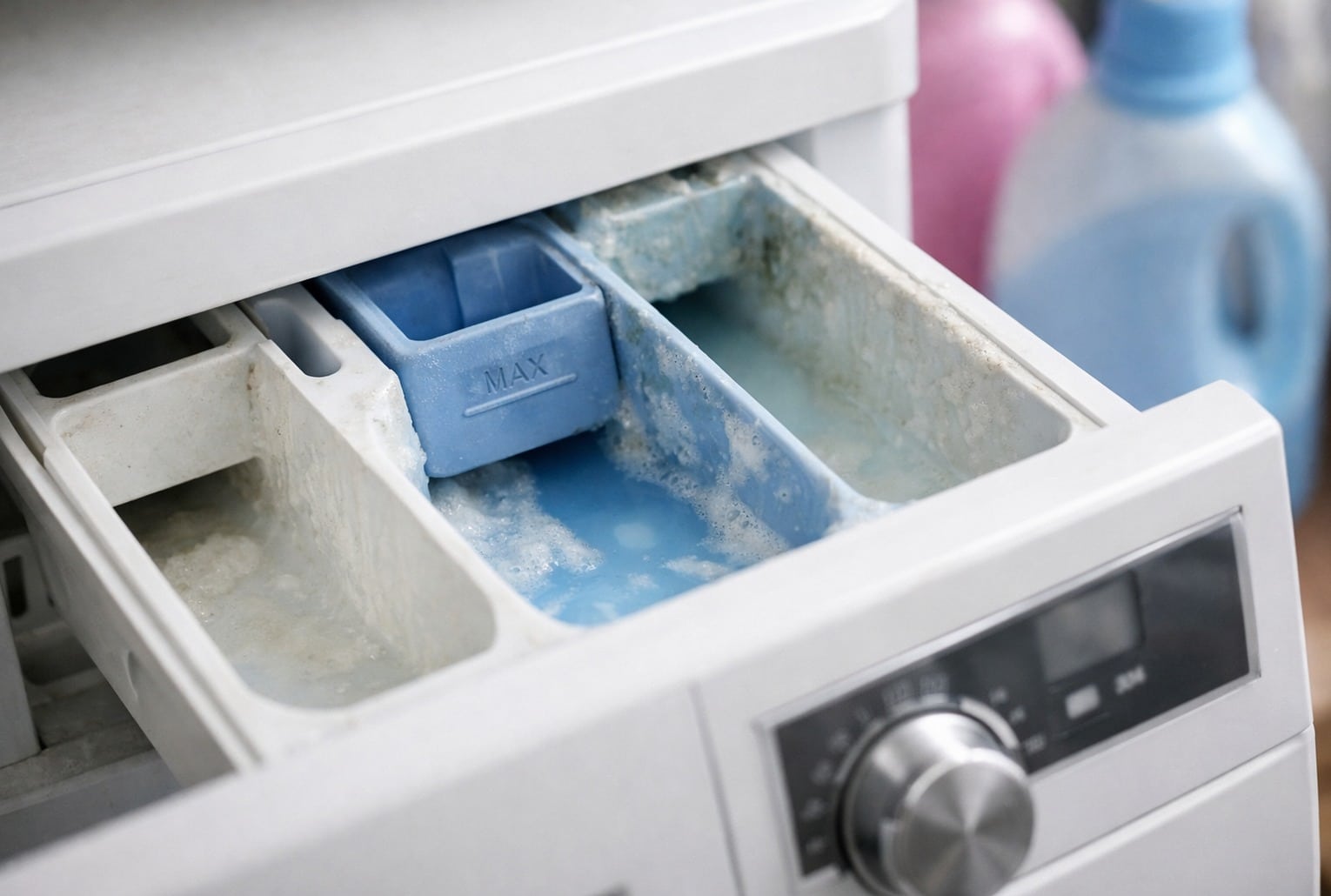 Assouplissant dans le bac du lave-linge : résidus et dépôt visibles dans le compartiment assouplissant.